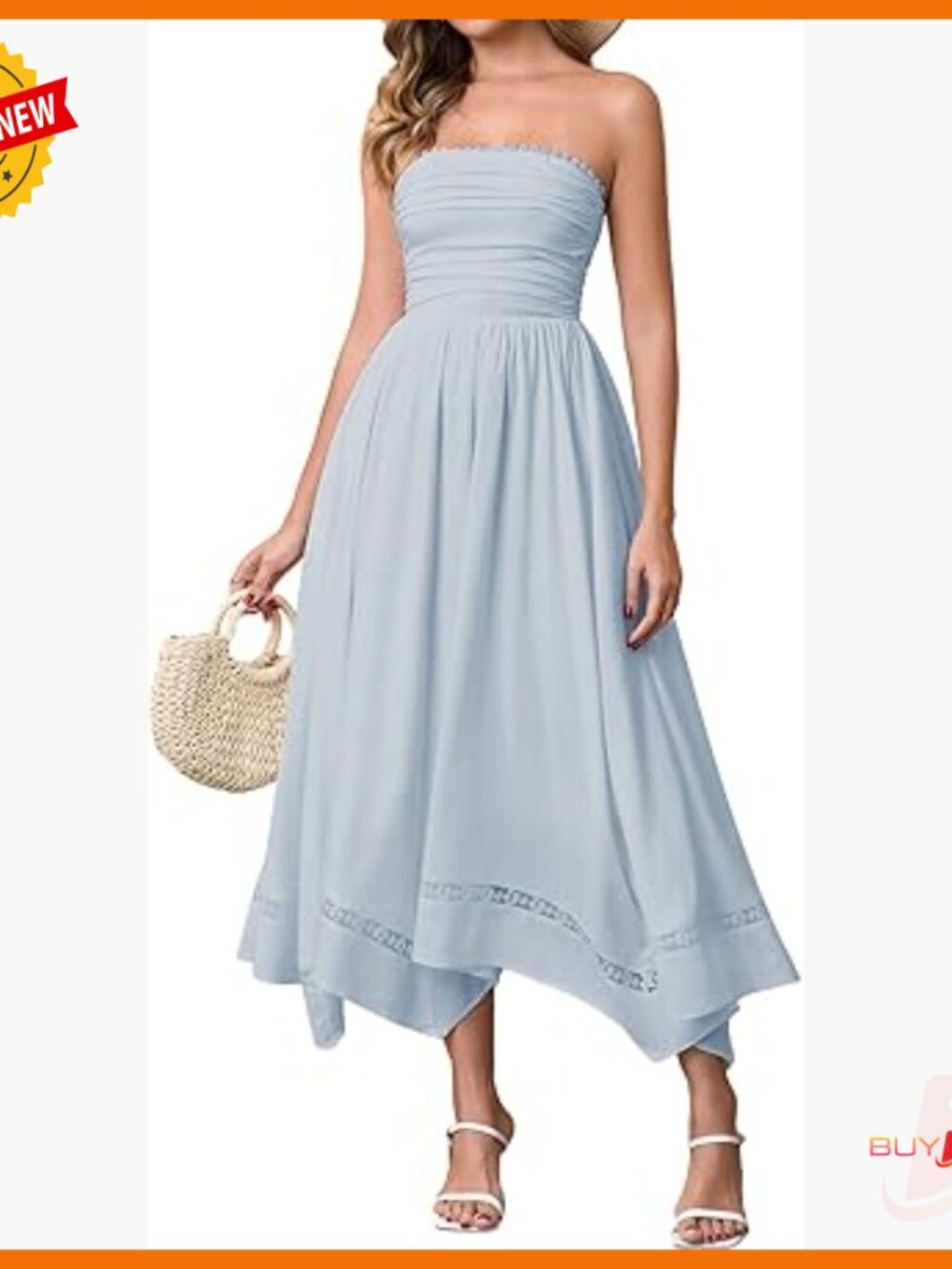 Strapless Midi Dress Lace Smocked Back Flowy A Line Wedding Guest